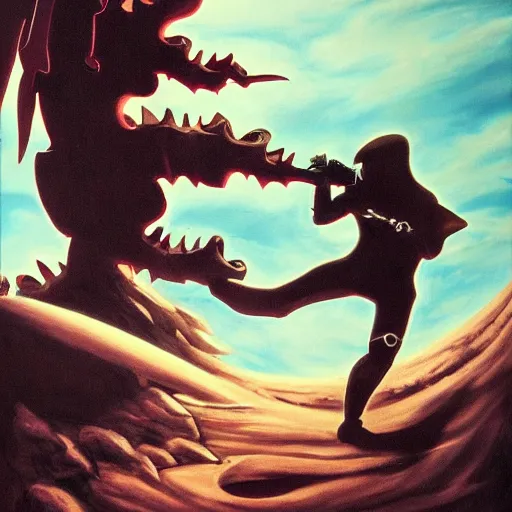 Image similar to painting of an arrakeen sandworm attacking the silhouette of a man in a stillsuit holding a crysknife