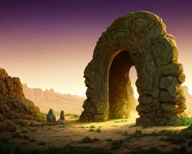 Prompt: desert landscape with a huge stone portal monument glowing green with swirls, deep focus, d & d, fantasy, intricate, elegant, highly detailed, digital painting, artstation, concept art, matte, sharp focus, illustration, hearthstone, art by artgerm and greg rutkowski and alphonse mucha