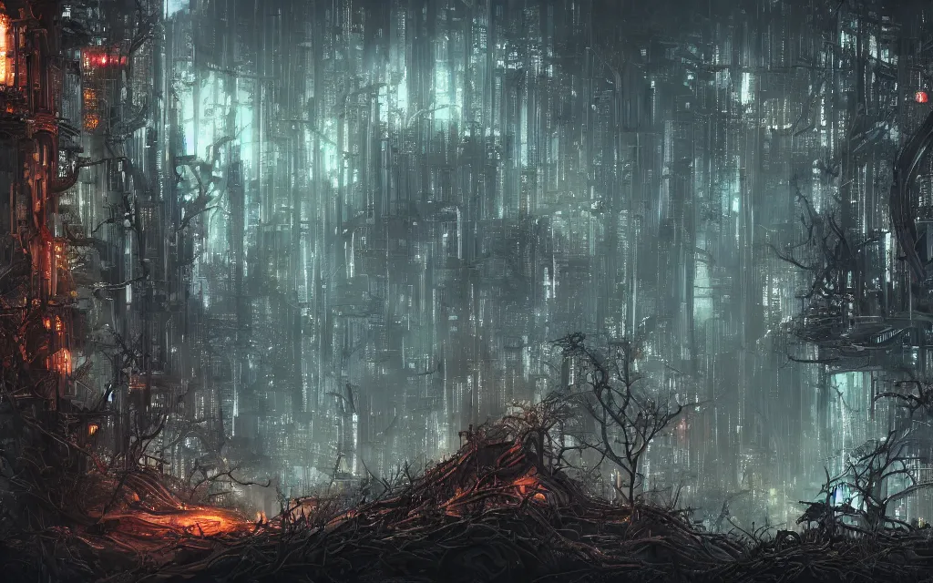 Image similar to a dark forest where gears and electronic parts grow on the trees tops, cyberpunk landscape wallpaper, d&d art, fantasy, painted, 4k, high detail, sharp focus