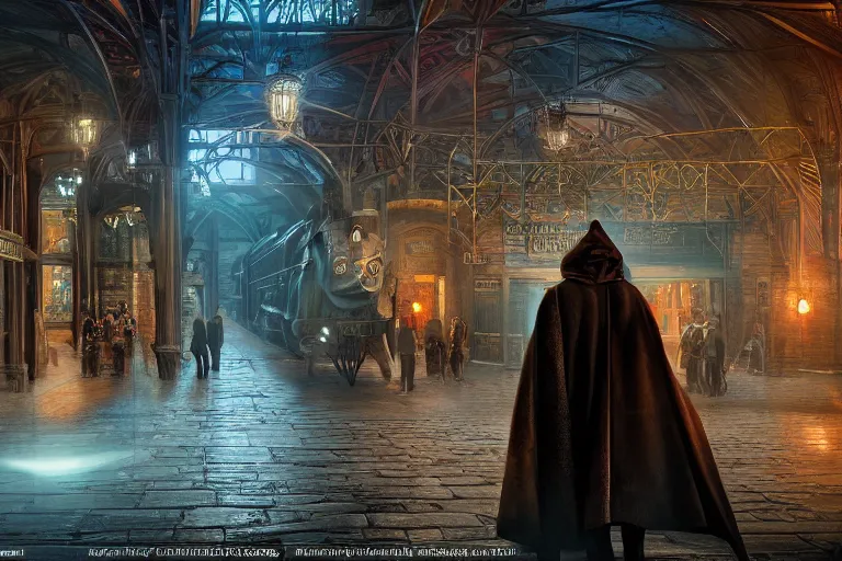 Image similar to some wizard waiting in hogwart train station in quiet dark city, hyper detailed, orange red blue tones dramatic lighting, cgsociety, realistic, hyper detailed, insane details, intricate, dramatic lighting, hypermaximalist, golden ratio, rule of thirds, octane render, weta digital, micro details, ultra wide angle, artstation trending, 8 k,