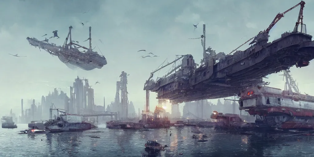 Image similar to old gigantic futuristic rusty boat, harbour of cyberpunk city, mist, cranes, spaceship cargo in dry dock, morning, some seagulls, greg rutkowski, artstation