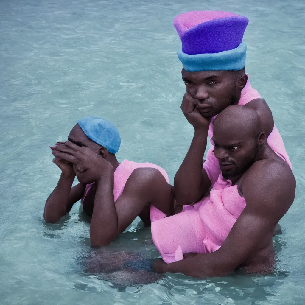 Prompt: Magazine style cover photo of a pastel colored men with blue lips, wearing a pink 3d rendered hat on top of his head. Standing in knee-deep water. Telephoto lens, f2/8