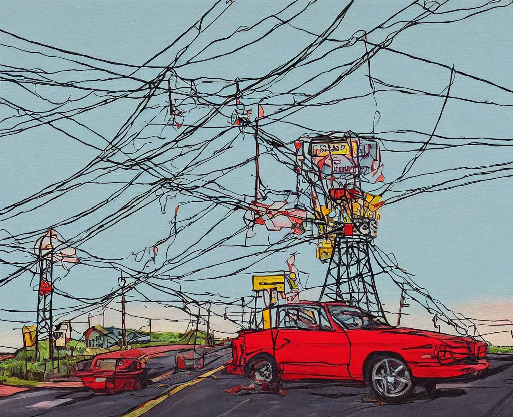 Prompt: a surreal painting of a frightened car being menaced by high - tension wires, saturated color scheme