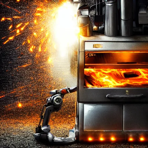 Image similar to toaster oven terminator robot, dark messy smoke - filled cluttered workshop, dark, dramatic lighting, orange tint, sparks, plasma charge, cinematic, highly detailed, sci - fi, futuristic, movie still