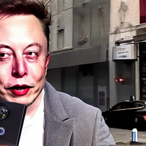 Image similar to bodycam footage of a homeless elon musk going crazy and scamming people, new york streets, wide angle, fisheye, uhd, 4 8 0 p, bodycam, paparazzi, bad quality, pov