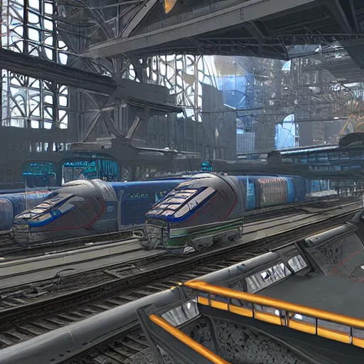 Image similar to Immense industrial futuristic cargo train arrives at cyber punk city station, cinematic lighting,