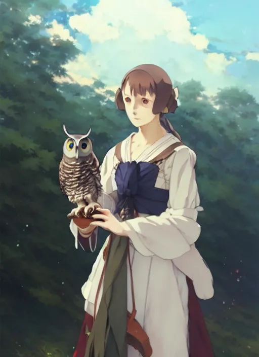 Image similar to florence nightingale with her pet owl in the pocket of her apron, trending on pixiv fanbox, painted by greg rutkowski makoto shinkai takashi takeuchi studio ghibli