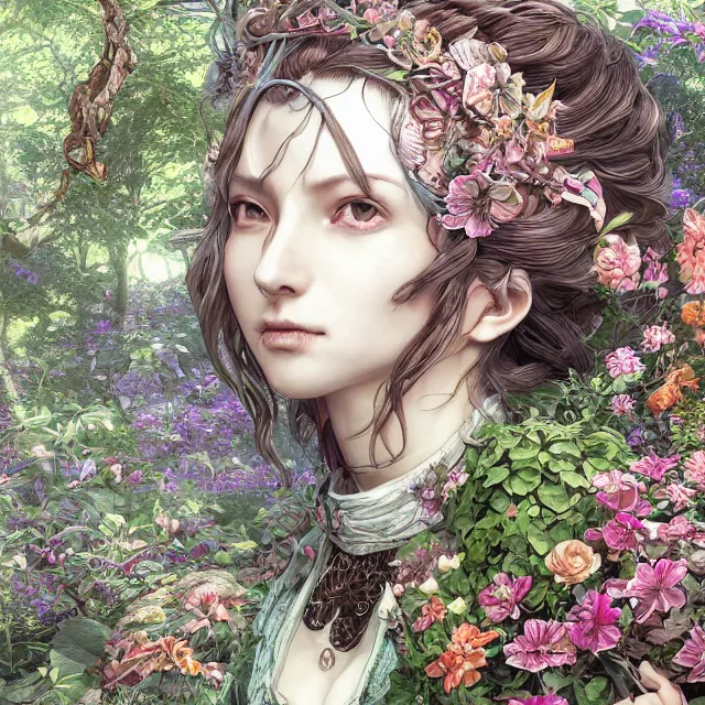 Image similar to the portrait of chaotic good female druid botanist as absurdly beautiful, gorgeous, elegant, young gravure idol, an ultrafine hyperdetailed illustration by kim jung gi, irakli nadar, intricate linework, sharp focus, bright colors, octopath traveler, final fantasy, unreal engine 5 highly rendered, global illumination, radiant light, detailed and intricate environment