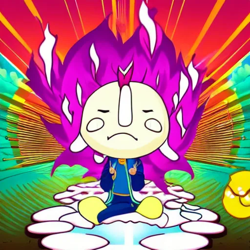 Image similar to kawaii wacky fluffy popcorn with lightning bolt power, yokai, in the style of a manga character, with a smiling face and flames for hair, sitting on a lotus flower, white background, simple, clean composition, symmetrical