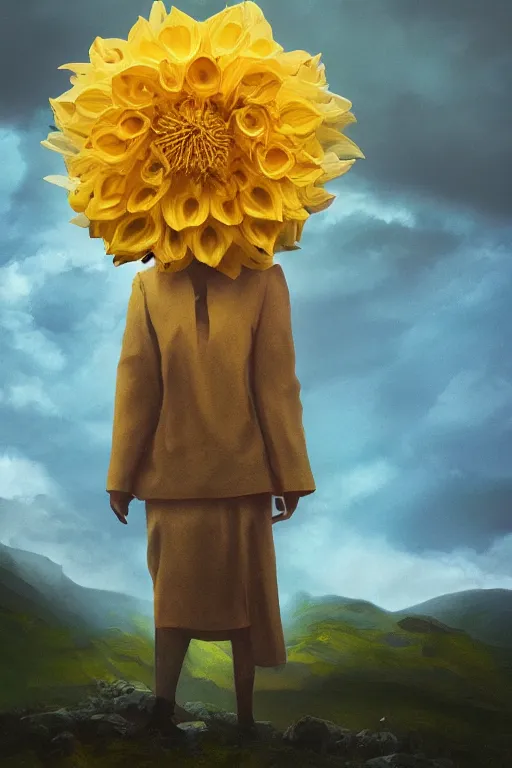 Image similar to closeup girl with giant yellow dahlia flower as a face, standing on mountain, surreal photography, blue storm clouds, dramatic light, impressionist painting, digital painting, artstation, simon stalenhag