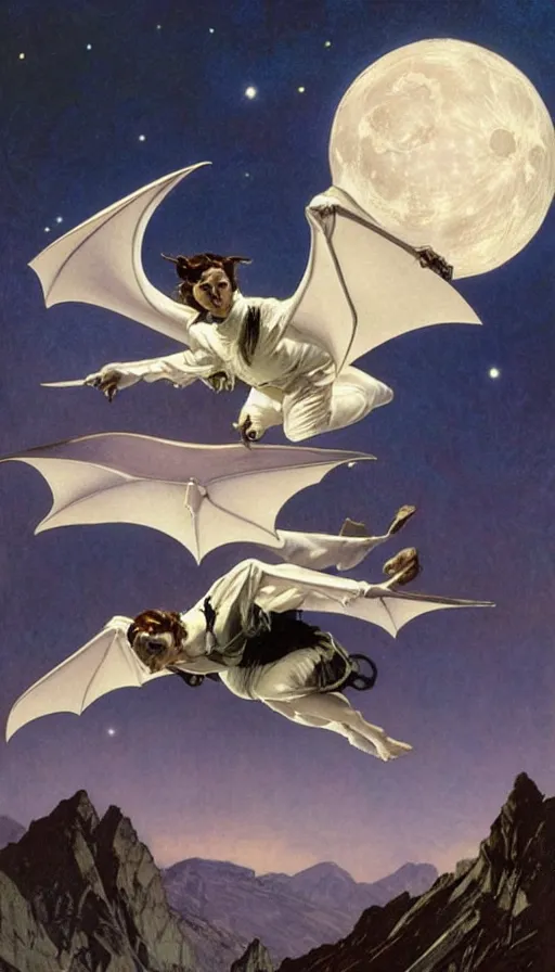 Image similar to hyper realistic white bat, flying against a dark black night sky, mountain in the background, moonlight, denoised, very detailed, painted by james gurney, alphonso mucha, norman rockwell, tom bagshaw