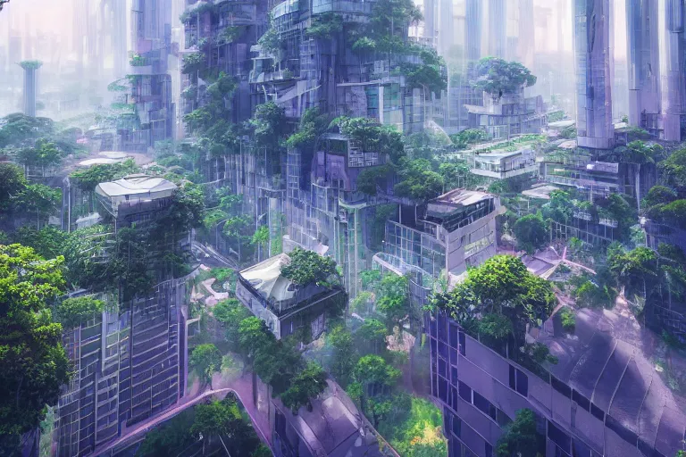 Prompt: futuristic city, lush vegetation, humid, early evening, diagonal view, geometric buildings, cloudy, beautiful, dull pastel colors, realistic, hyper detailed, octane render, trending on artstation by yoshitaka amano and makoto shinkai, studio ghibli style