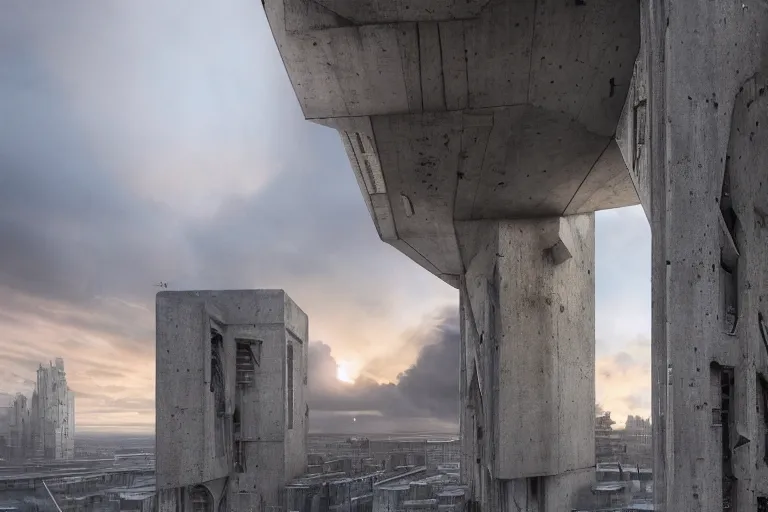 Image similar to extremely detailed cathedral of brutalist architecture, buildings covered with greebles, stunning volumetric light, sunset, metal, concrete and translucent material, stunning skies, majestic landscape, trending on Artstation, 8k, photorealistic, hyper detailed, unreal engine 5, IMAX quality, cinematic, epic lighting, in the style of Greg Rutkowski