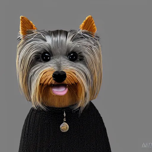 Image similar to a closeup photorealistic illustration of a smiling knitted yorkshire terrier dressed in a black gown, presiding over the courthouse. this 4 k hd image is trending on artstation, featured on behance, well - rendered, extra crisp, features intricate detail, epic composition and the style of unreal engine.