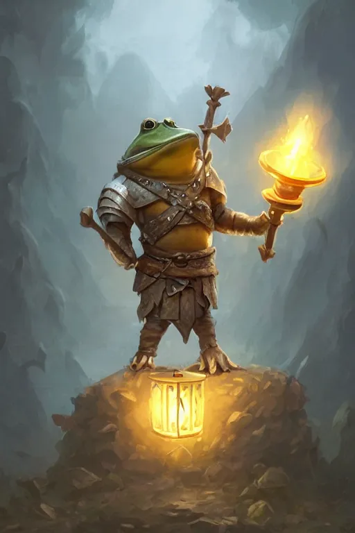 Image similar to cute anthropomorphic frog knight wearing a cape and a Viking helmet and holding lantern, tiny, small, miniature frog, baby animal, short, pale blue armor, cute and adorable, pretty, beautiful, DnD character art portrait, matte fantasy painting, cgsociety Artstation, by Jason Felix by Steve Argyle by Tyler Jacobson by Peter Mohrbacher, cinematic lighting