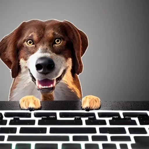 Image similar to barking angry dog typing on keyboard photo dramatic lighting