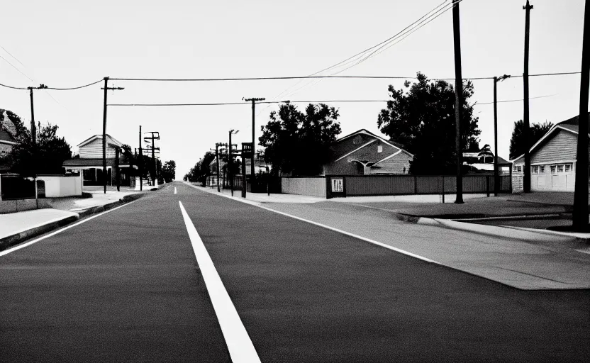 Prompt: Grainy photograph of a liminal middle class American suburb, clean, empty street, broad daylight, hd, 4k, film grain, flat lighting