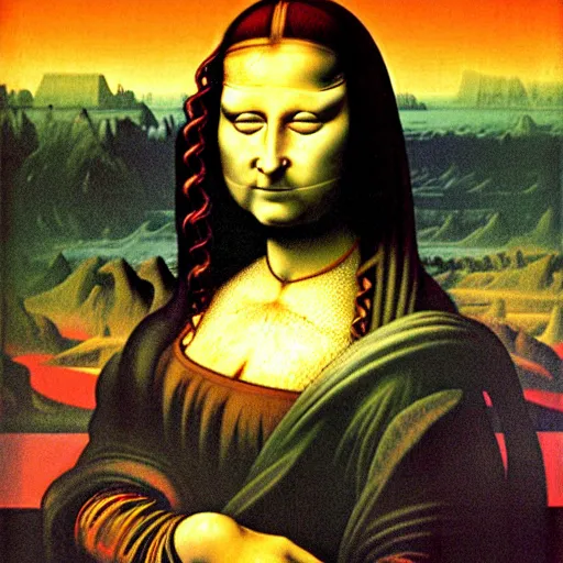 Image similar to monalisa in the style of zdzisław beksiński, in the style of zdzisław beksiński, in the style of zdzisław beksiński, in the style of zdzisław beksiński