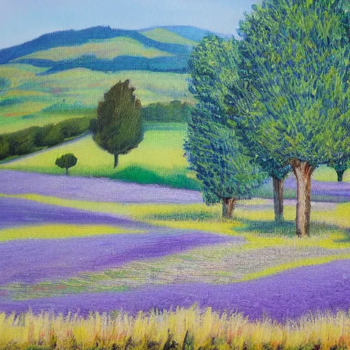 Prompt: oil painting of lavander fields in the south of france surrounded by cypress trees, various styles.