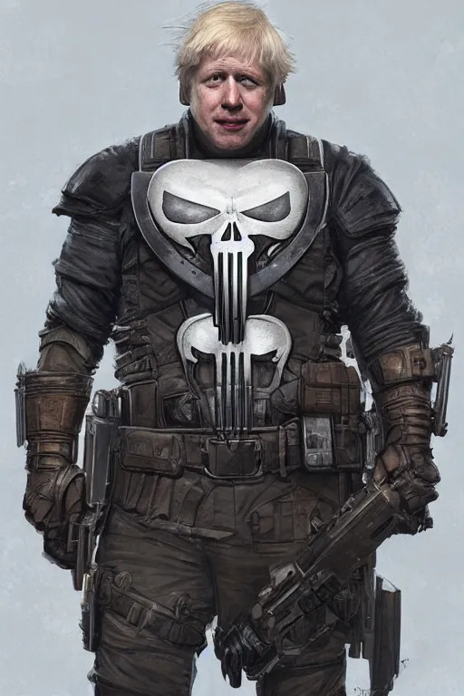 Image similar to Boris Johnson as Punisher, armor plate, realistic portrait, symmetrical, highly detailed, digital painting, artstation, concept art, smooth, sharp focus, illustration, cinematic lighting, art by artgerm and greg rutkowski and alphonse mucha