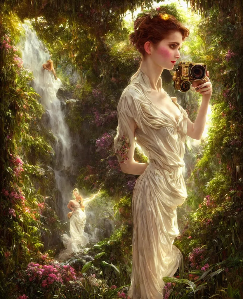 Image similar to hyper realistic photographer looking through a vintage medium format camera, magic pouring from lens, fantasy castle, full body waterfall dress, design on white background, beautiful details, lush foliage cyberpunk, gold, drawn by john singer sargent, tom bagshaw, norman rockwell, alphonso mucha, lolish, trending on artstation