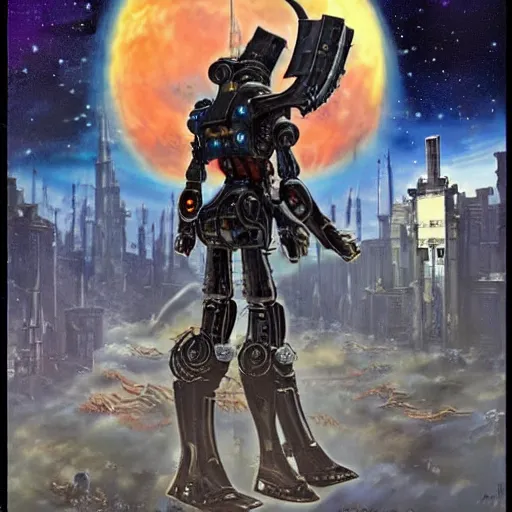 Image similar to a robot hunter from bloodborne on a space station, retrofuturism, for 1 9 7 0 s'sci - fi, by malcolm smith