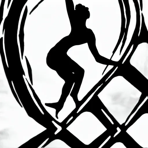 Image similar to clean black and white print on white paper, high contrast, logo of a symmetric heart with a stylized gymnast human dancer human silhouette inside