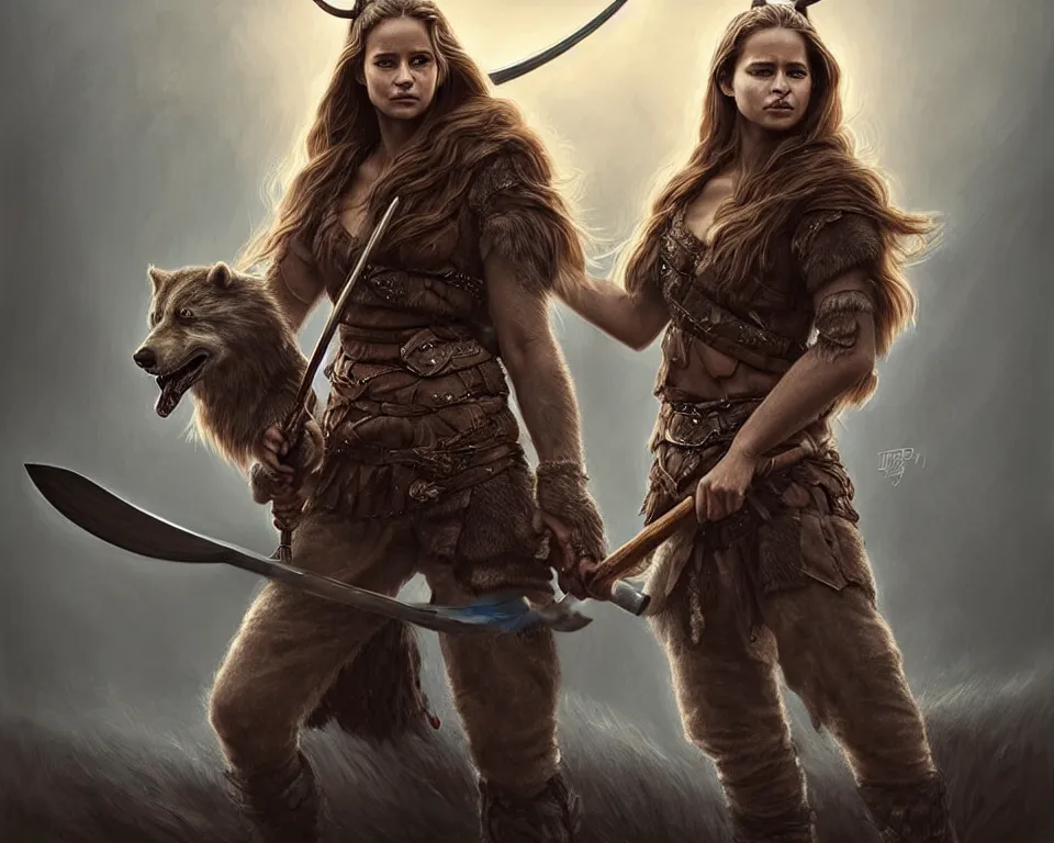 Prompt: gorgeous!! hyper - realistic solo woman resembling alicia vikander as a battle - worn viking warrior wielding a giant axe, accompanied by a dire wolf | intricate, highly detailed, digital painting, character design, character concept art | drawn by wlop, drawn by jeehyung lee, drawn by artgerm, drawn by peter kemp