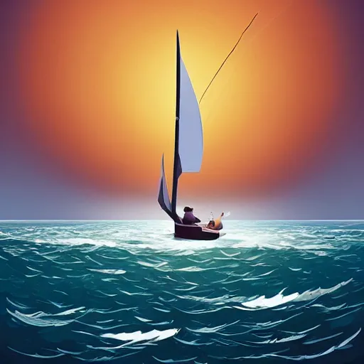 Image similar to Some fishermen struggling not to sink in a small sailboat in the middle of the furious raging ocean, ilustration art by Goro Fujita
