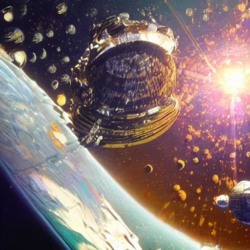 Image similar to dyson sphere in space, transparent rings, intricate abstract, unreal engine tech demo, golden hour, scifi, ( ( ( by robert mccall ) ) )