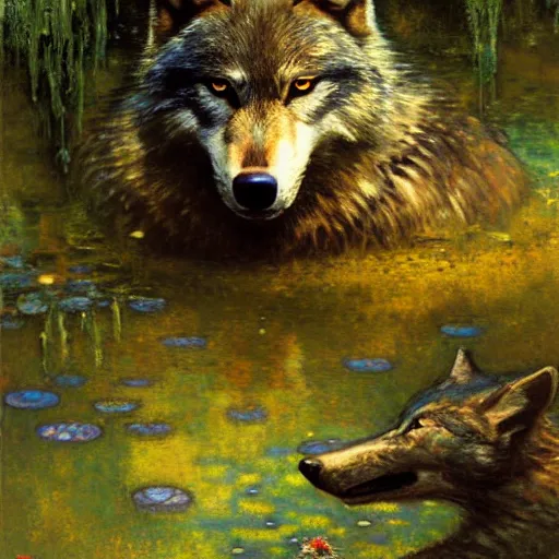 Image similar to portrait of a male wolf wolfman in a pond. shadowrun furaffiniy cyberpunk fantasy highly detailed painting by gaston bussiere craig mullins jc leyendecker gustav klimt artgerm greg rutkowski john berkey, bergey, craig mullins, ruan jia, raymond swanland, jeremy mann, tom lovell, alex malveda