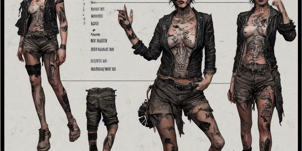 Prompt: tattooed woman, wearing scratched and ripped leather shorts and a short jacket full of stamps and stitches, character sheet, fine details, concept design, contrast, kim jung gi, greg rutkowski, trending on artstation, 8 k, full body, turnaround, front view, back view, ultra wide angle