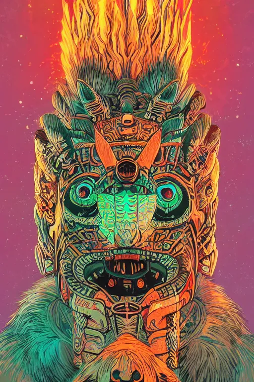 Image similar to totem animal tribal chaman vodoo mask feather gemstone plant video game illustration vivid color borderlands and by feng zhu and loish and laurie greasley, victo ngai, andreas rocha, john harris radiating a glowing aura