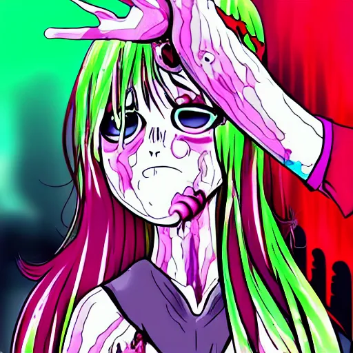 Prompt: zombie anime girl | colorful | terrifying