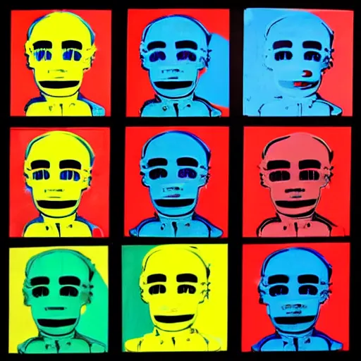 Image similar to old robot, 6 panels by andy warhol, with highly contrasted colors and an illuminating background