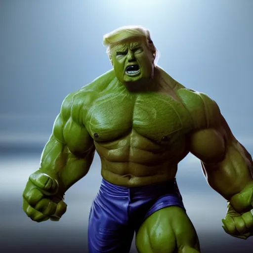 Prompt: Donald Trump cast as the Hulk, still from marvel movie, hyperrealistic, 8k, Octane Render,