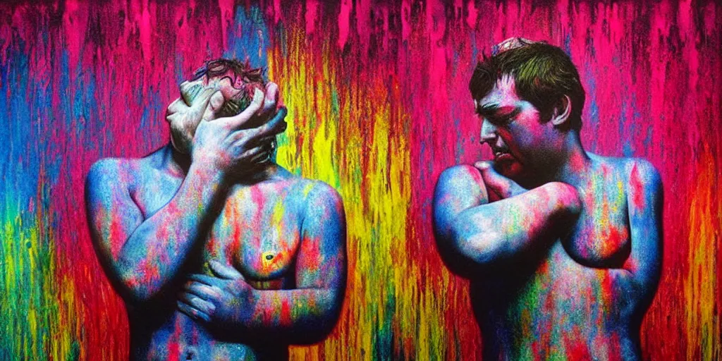 Prompt: a man being overcome by love conciseness, psychedelic dripping colors, detailed painting by painting by gottfried helnwein