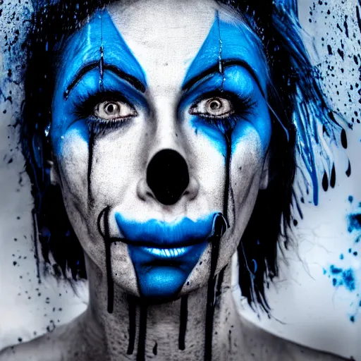 Image similar to crying clown with blue makeup under the rain, black and white photo, blue color splash, dramatic lightning, melancholic