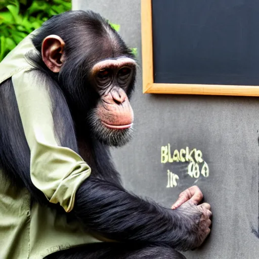 Image similar to a chimpanzee scientist teaching evolution blackboard