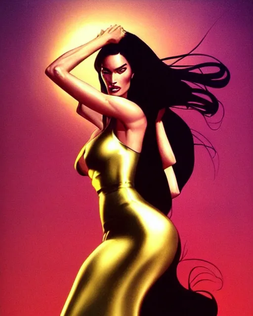 Prompt: low angle very seductive and powerful megan fox fantasy goddess wearing a long gold dress, action glamour pose, windblown dark hair, vibrant, hyper detailed, smooth, ambient lighting, sharp focus, fritz willis, anna dittmann, moebius, patrick nagle!!!, 1 9 8 7, rim lighting,