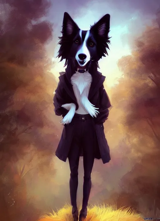 Image similar to wide angle beautiful full body portrait of a cute male anthropomorphic border collie fursona wearing a jacket in front of a park, character design by charlie bowater, henry asencio, and ross tran, furry art, furaffinity, scenic background, beautiful, glamor pose, detailed, trending on artstation