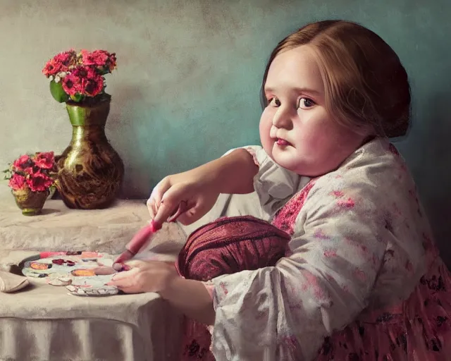 Image similar to very stylized old photo portrait of a fat sweet little girl painting a doll on the wall, full body. long shot. beautiful hands, flowery cloth. subsurface scattering shiny skin. beautiful lighting, 4 k post - processing, trending in art station, cg society, highly detailed, 5 k extremely detailed, 3 d. cinematic scene. sharp details. bokeh