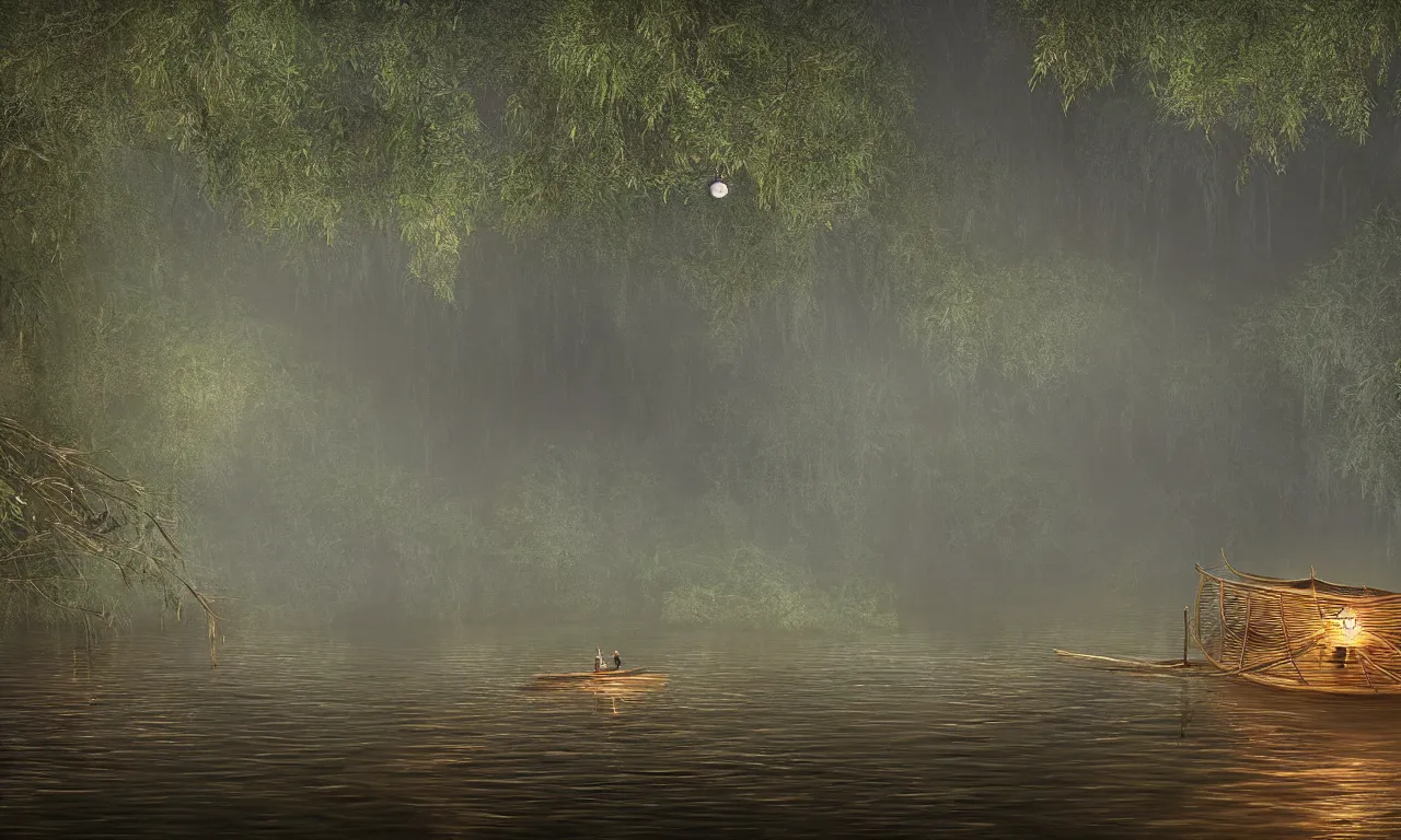 Prompt: a dreamy photograph of an enchanting forest river, with a small bamboo boat in the middle of the river, moonlit night dreamy atmosphere, highly detailed twigs and plants in the forest, bioluminiscent butterflies in the fog in a bokeh background, deep colors, photorealistic digital arts, cinematic, smooth, artstation, 8K