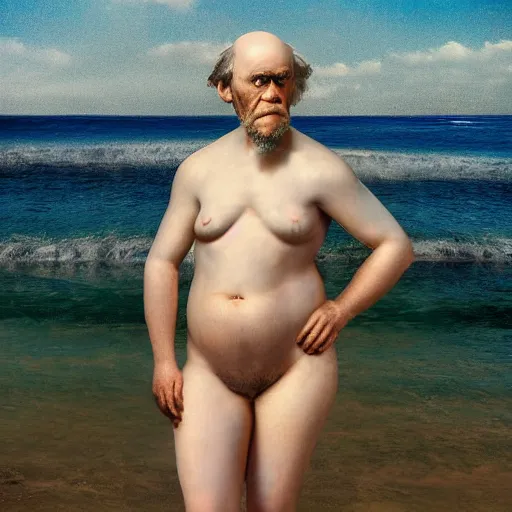 Prompt: charles darwin in a women's bikini realistic 8 k hdr photograph