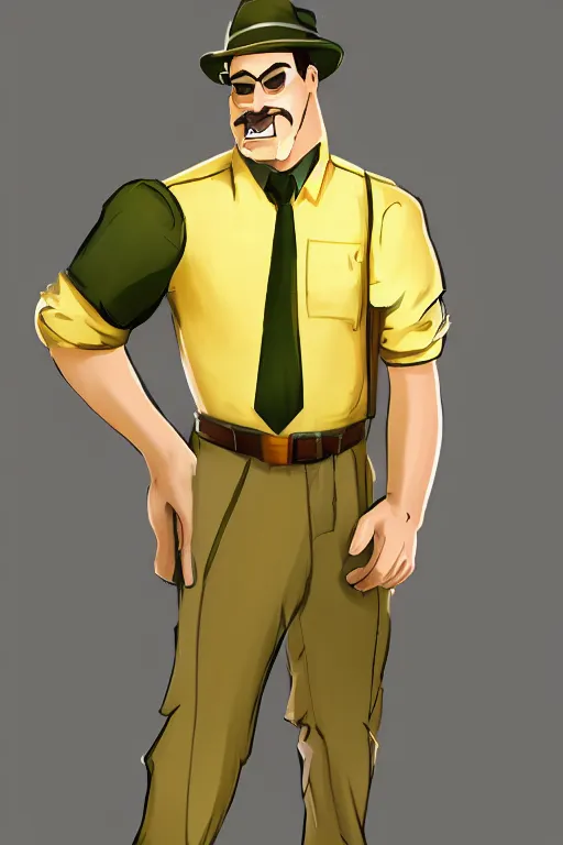 Prompt: Character portrait of a man in a yellow button-down shirt and olive green slacks intricate elegan team fortress 2 tf2 concept art