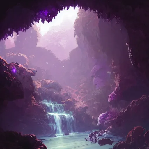 Image similar to beautiful giant piece of amethyst in a lush cave, greg rutkowski