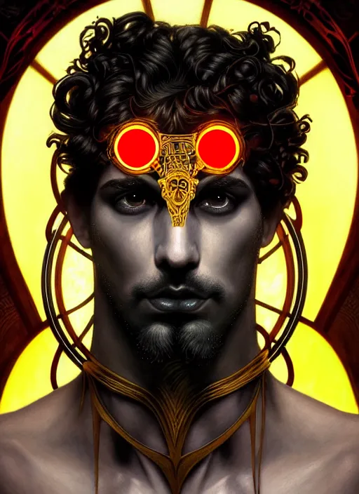 Image similar to portrait of greek god ares, black curly hair, glowing eyes, volumetric lights, face tattoo, yellow red scheme, art nouveau botanicals, gothic, intricate, highly detailed, digital painting, artstation, concept art, smooth, sharp focus, symmetric face, illustration, steampunk, art by artgerm and greg rutkowski and alphonse mucha