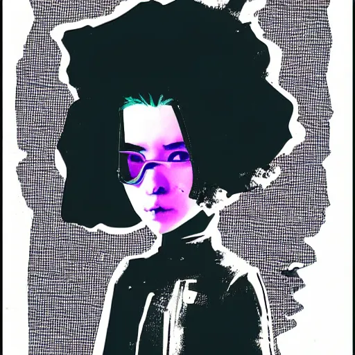 Image similar to Graphic Illustration, Creative Design, Glitch Art, Young Asian Woman with Purple Hair, by Ashley Wood and Jamie Hewlett