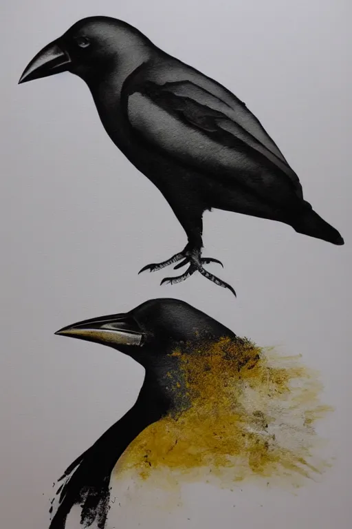 Image similar to beautiful serene smart crow, healing through motion, minimalistic golden ink airbrush painting on white background