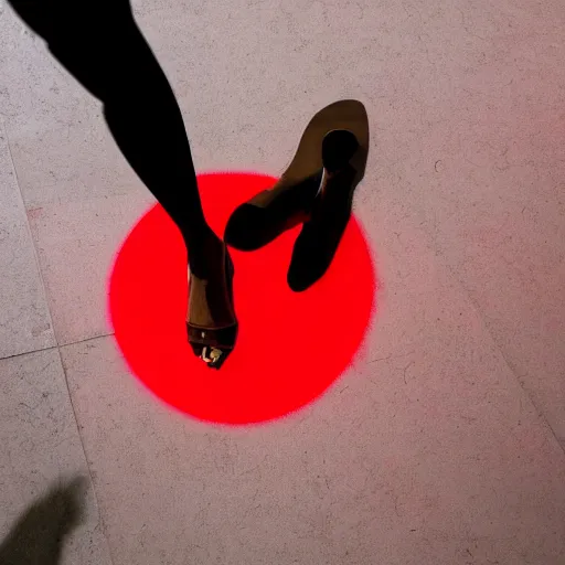 Prompt: red light from above shines through and defines the shape of her shadow on the floor below, and she sees the shape of her shadow on the floor below